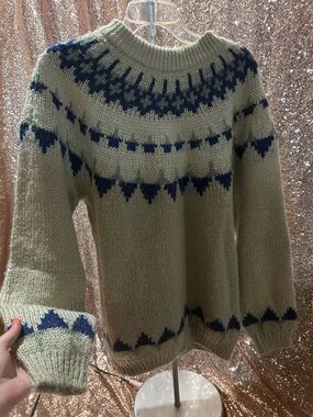 Vintage Nordic Yoke Crewneck Sweater - Sage Green with Navy